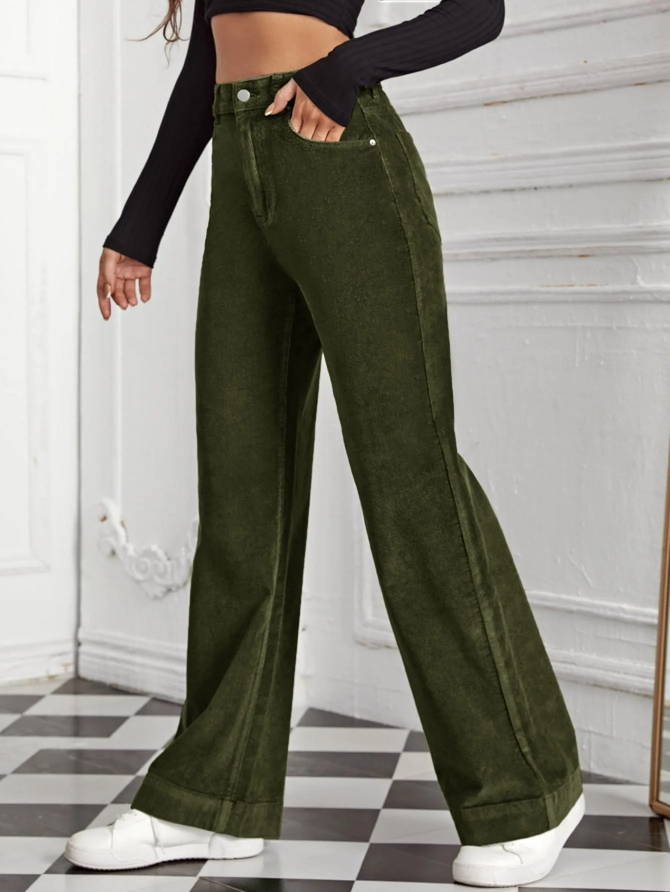 High Waist Slant Pocket Cord Pants