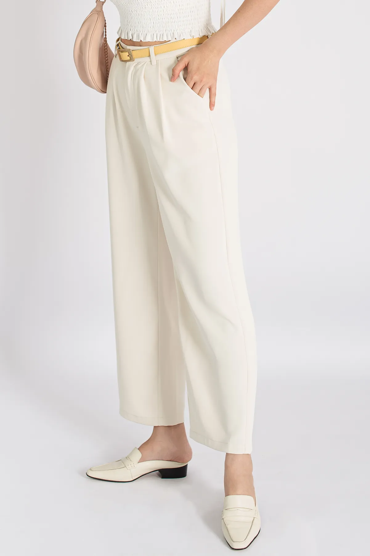 High Waist Straight Cut Belted Cropped Trousers