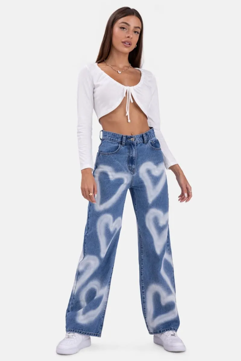 High Waisted Heart Print Blue Baggy Jean