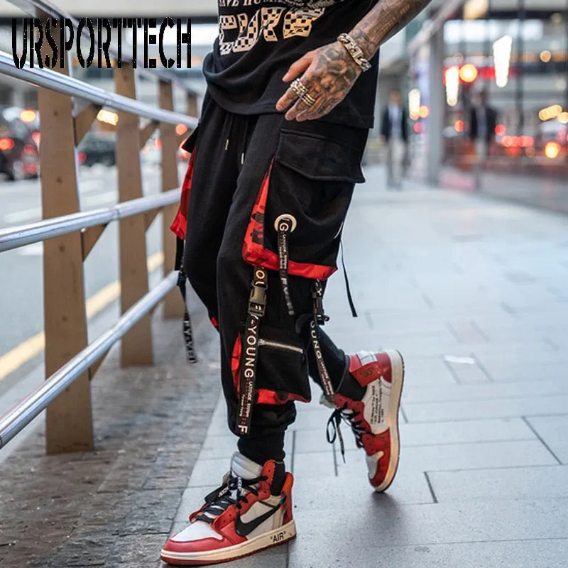 Hip Hop Joggers Men Letter Ribbons Cargo Pants Pockets Track Tactical Casual Techwear Male Trousers Sweatpants Sport Streetwear