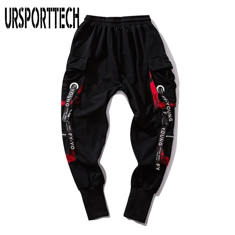 Hip Hop Joggers Men Letter Ribbons Cargo Pants Pockets Track Tactical Casual Techwear Male Trousers Sweatpants Sport Streetwear