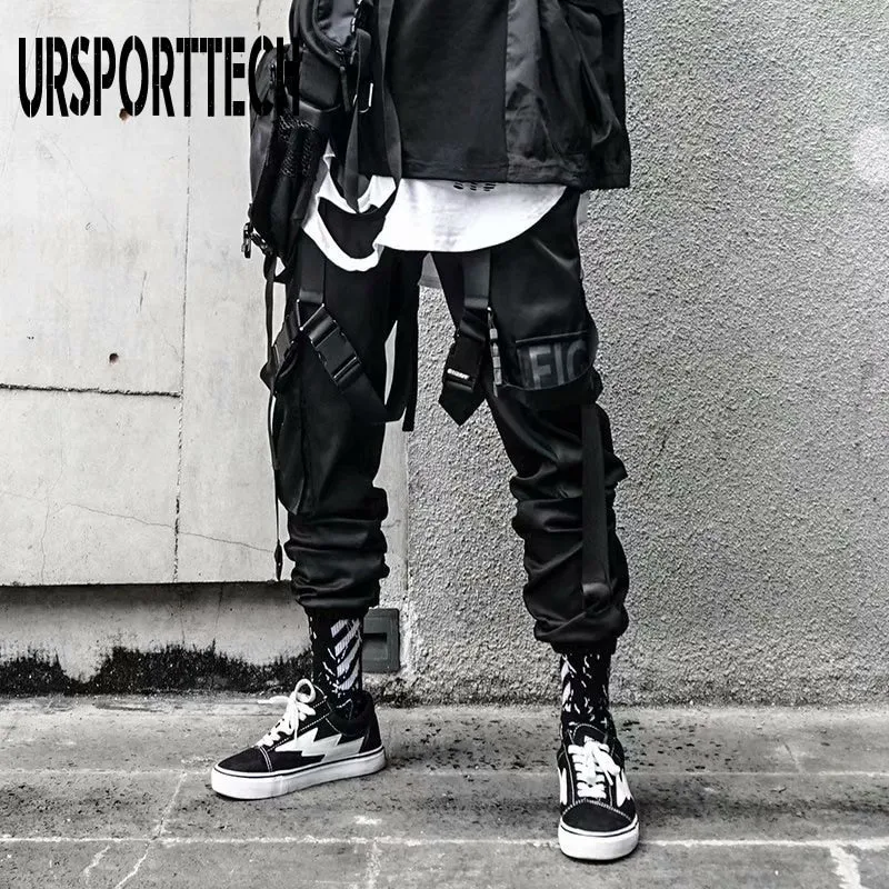 Hip Hop Joggers Men Letter Ribbons Cargo Pants Pockets Track Tactical Casual Techwear Male Trousers Sweatpants Sport Streetwear