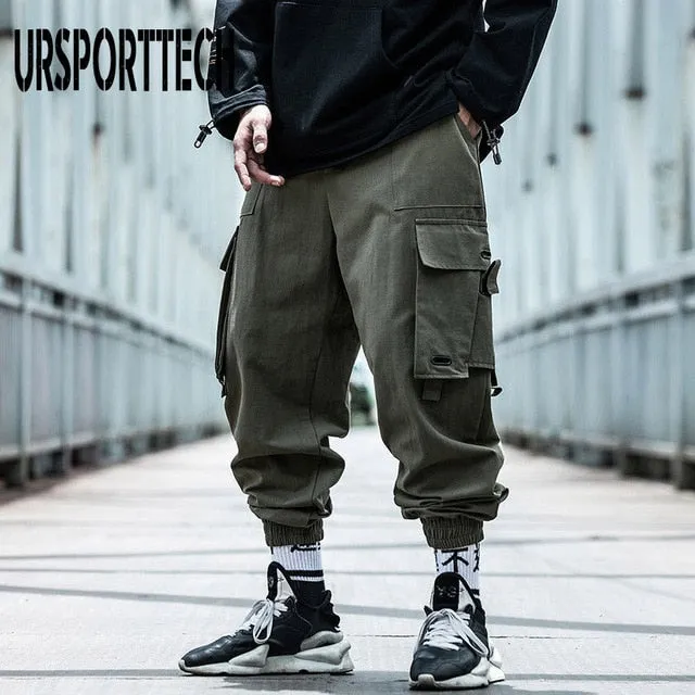 Hip Hop Joggers Men Letter Ribbons Cargo Pants Pockets Track Tactical Casual Techwear Male Trousers Sweatpants Sport Streetwear
