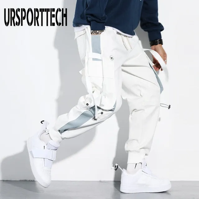 Hip Hop Joggers Men Letter Ribbons Cargo Pants Pockets Track Tactical Casual Techwear Male Trousers Sweatpants Sport Streetwear