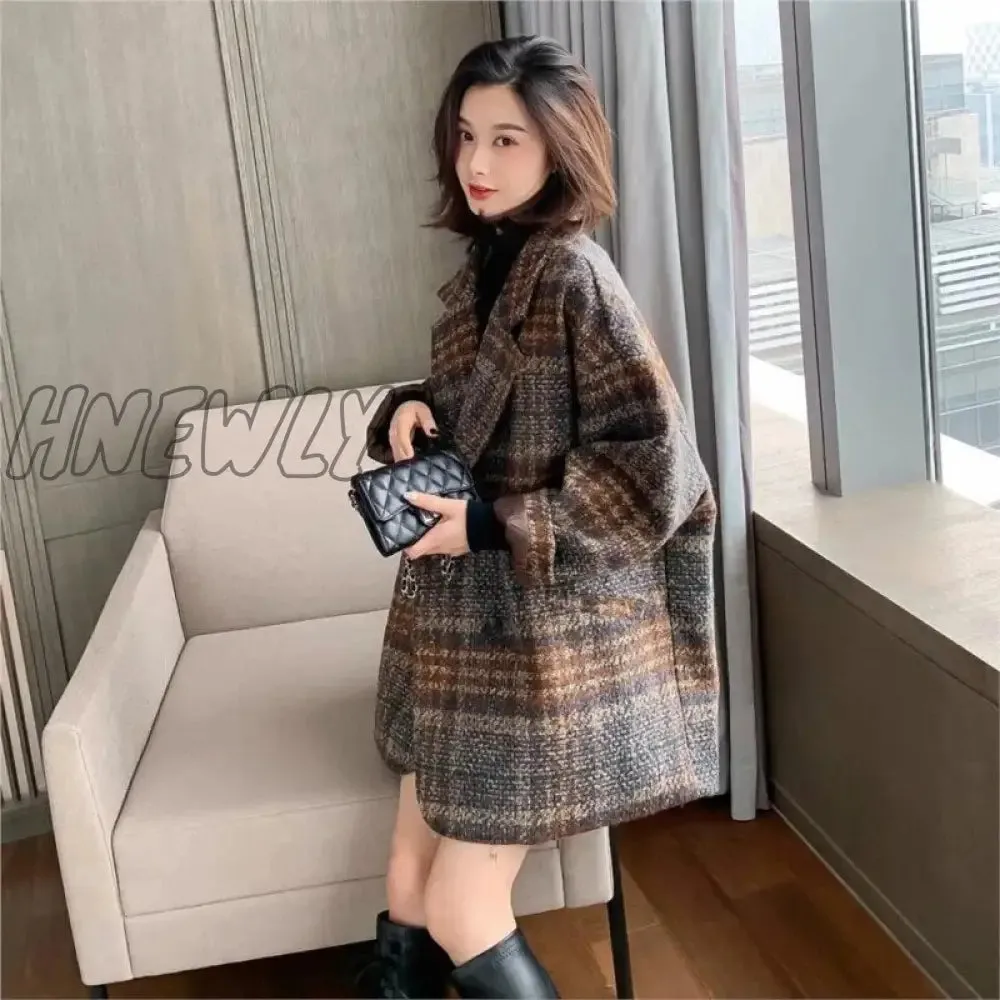 Hnewly Bella philosophy Winter Korean Overcoat Women Vintage Woolen Loose Coats female Double Breasted Turn-down Collar Overcoat