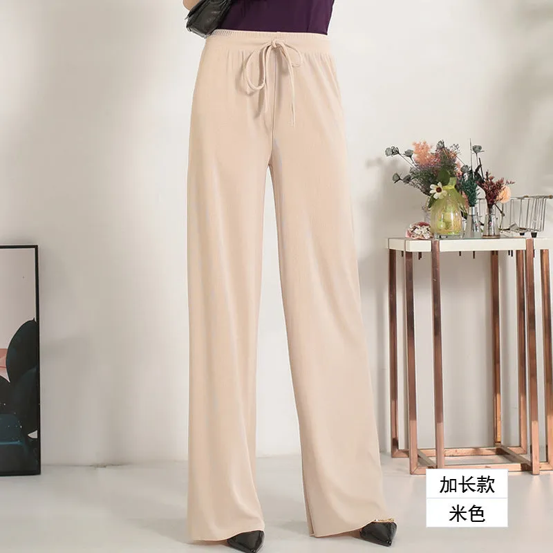 Ice Silk Wide Leg Pants Women High Waist Drape Student Straight Thin Slim Look Pants