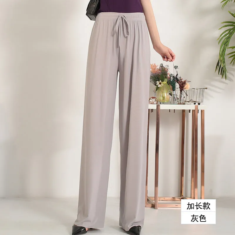 Ice Silk Wide Leg Pants Women High Waist Drape Student Straight Thin Slim Look Pants