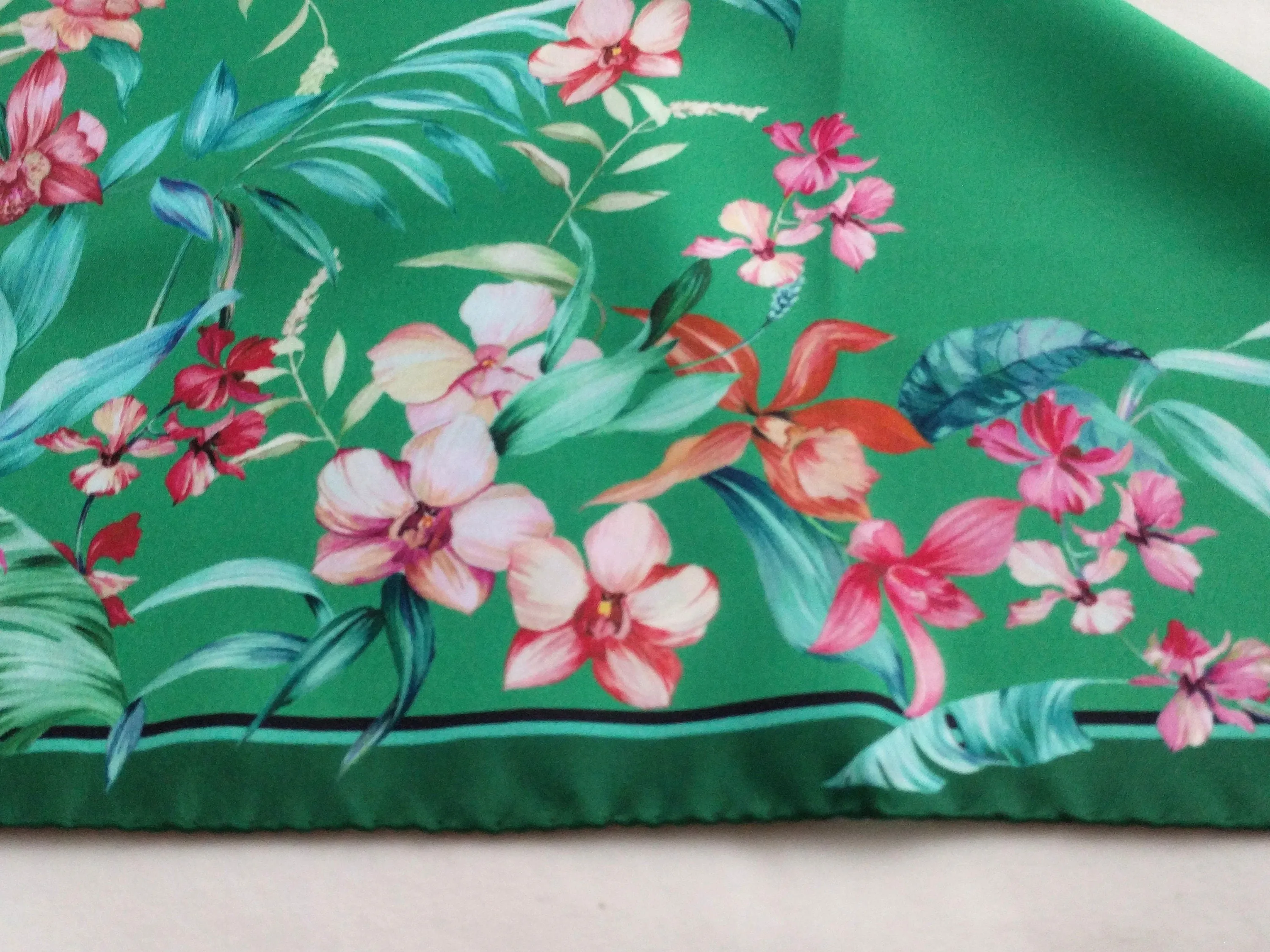 Italian Silk Scarf – Small Green Como Silk Scarf, Red & Pink Accents, Made in Italy, 19.5" Square with Rolled Edges