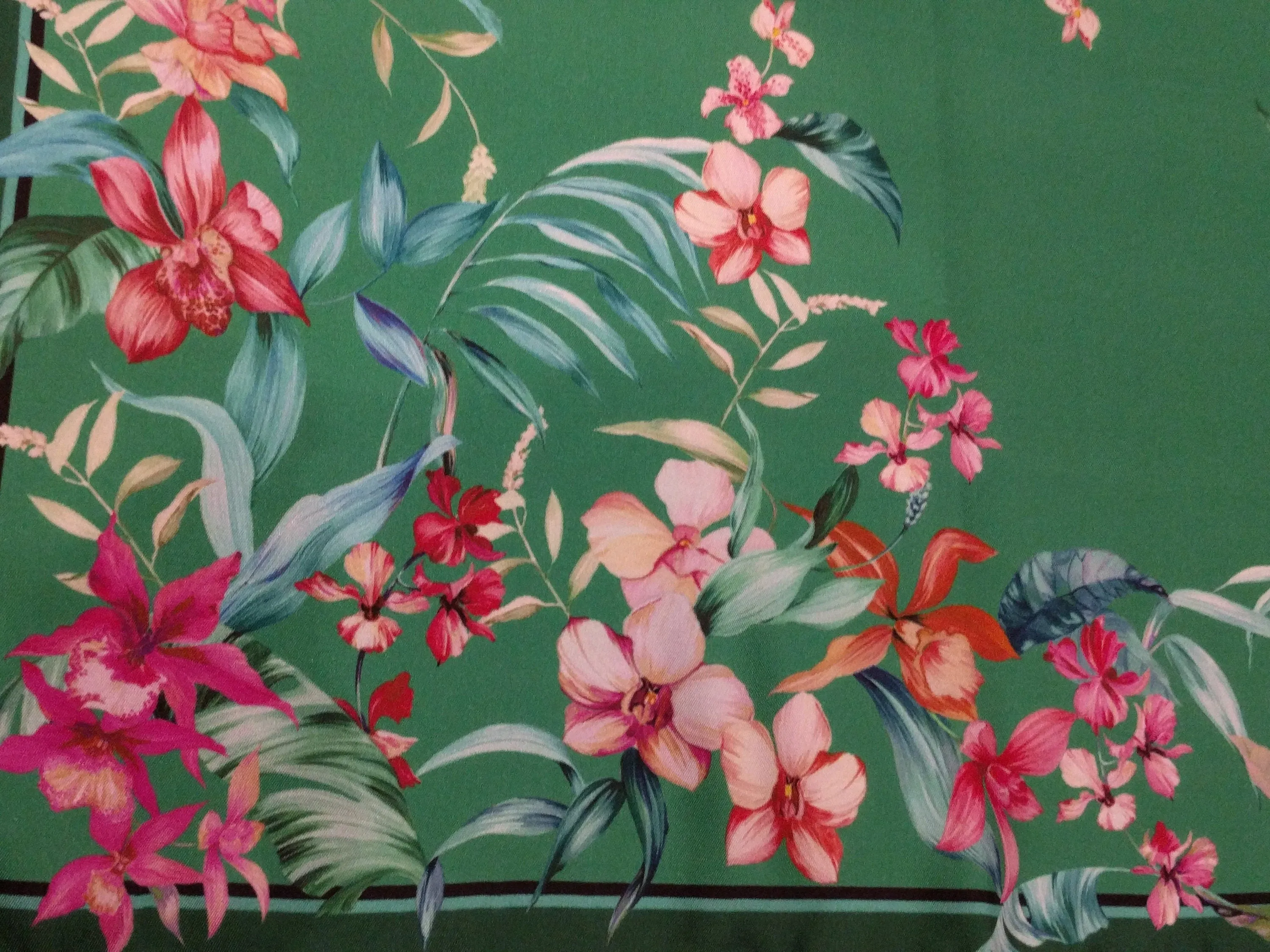 Italian Silk Scarf – Small Green Como Silk Scarf, Red & Pink Accents, Made in Italy, 19.5" Square with Rolled Edges