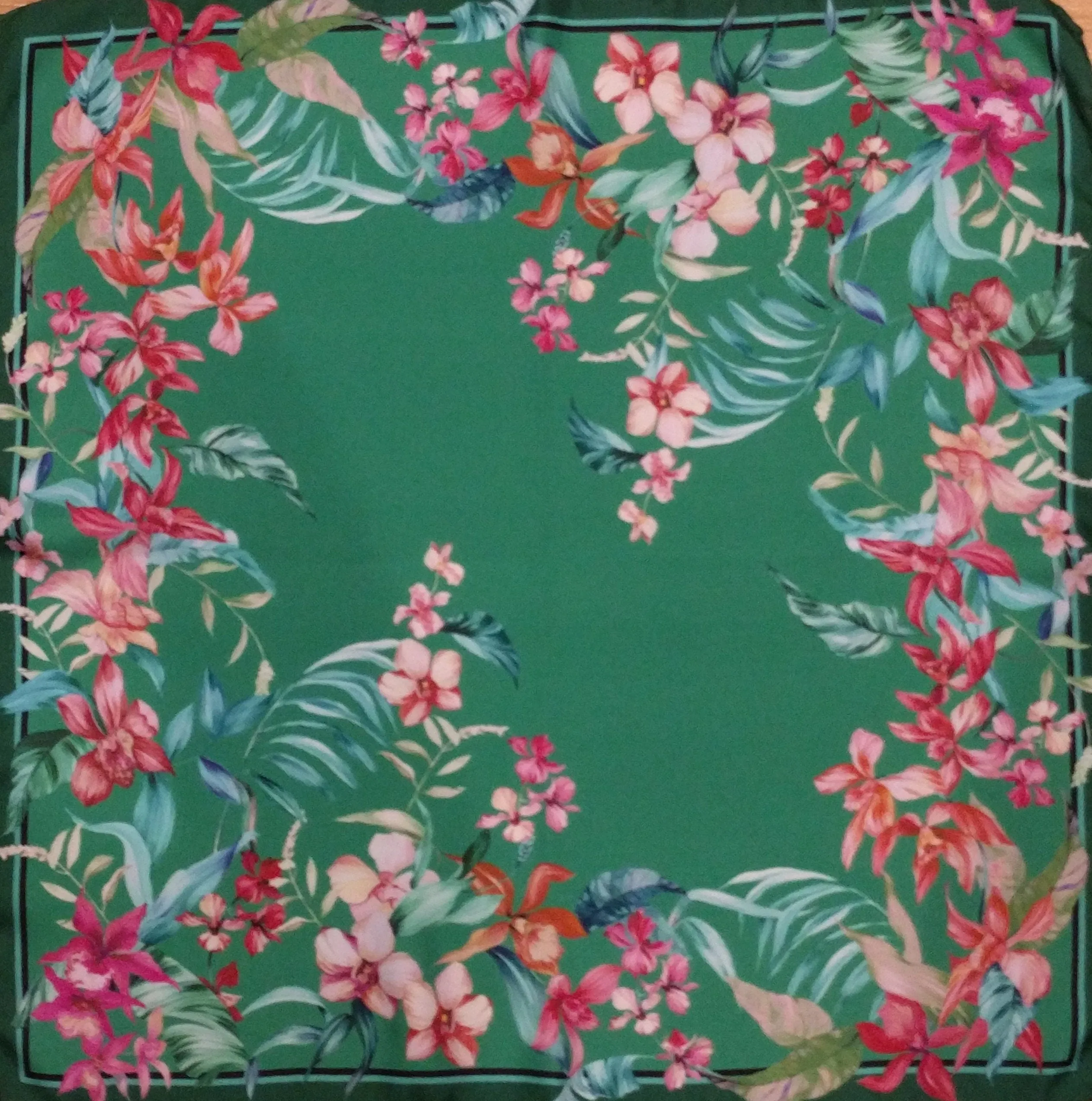 Italian Silk Scarf – Small Green Como Silk Scarf, Red & Pink Accents, Made in Italy, 19.5" Square with Rolled Edges