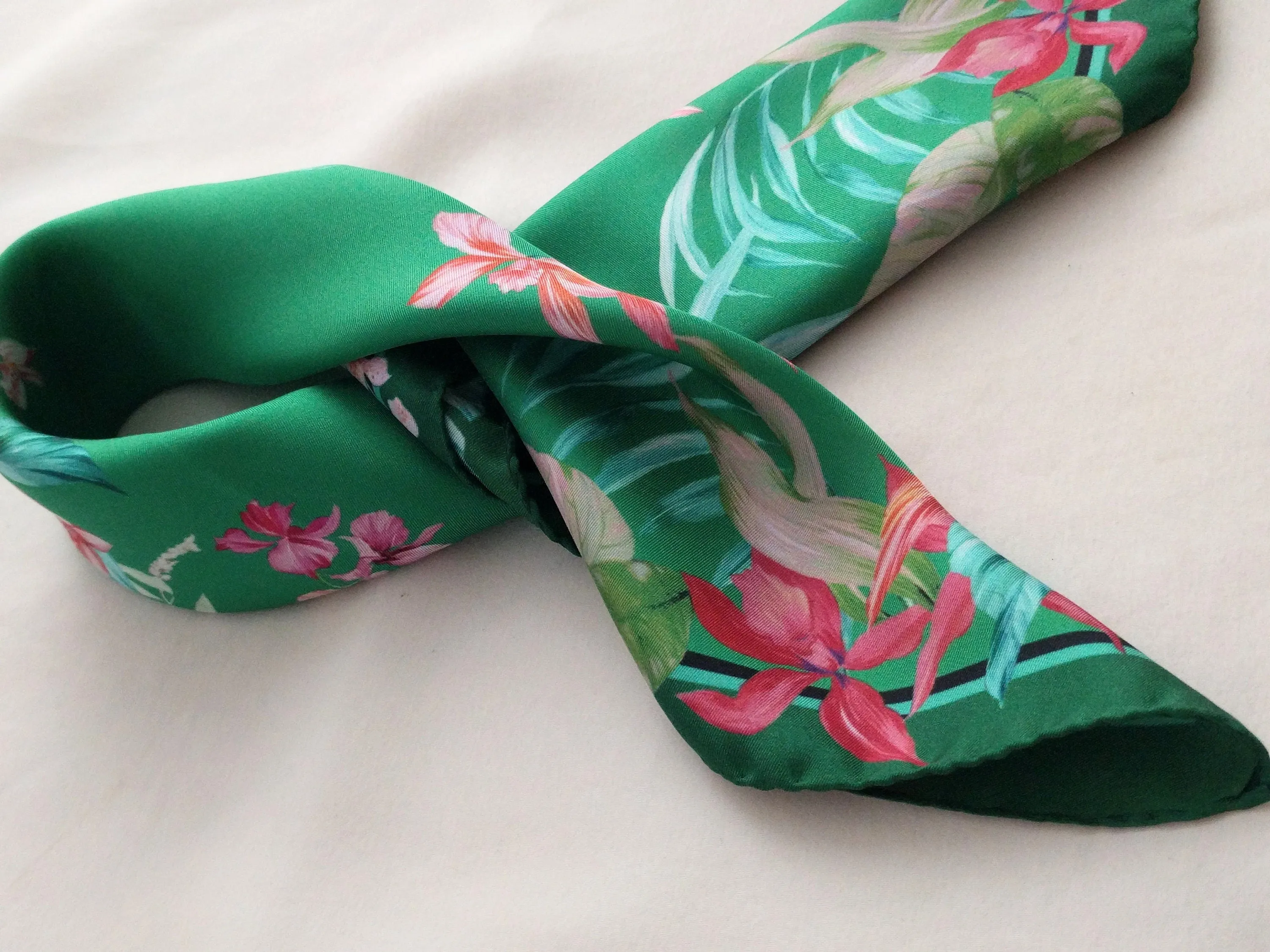 Italian Silk Scarf – Small Green Como Silk Scarf, Red & Pink Accents, Made in Italy, 19.5" Square with Rolled Edges