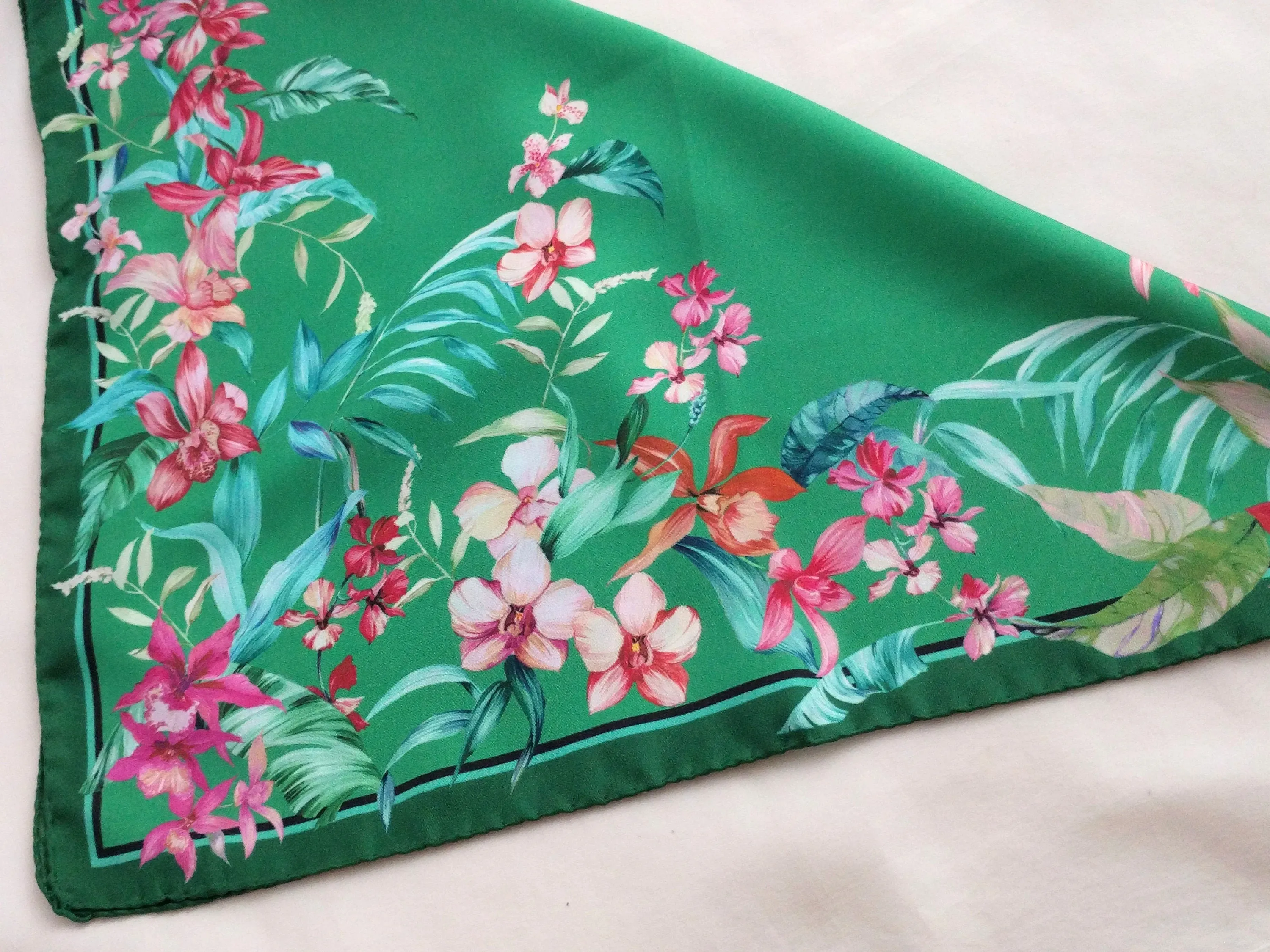 Italian Silk Scarf – Small Green Como Silk Scarf, Red & Pink Accents, Made in Italy, 19.5" Square with Rolled Edges