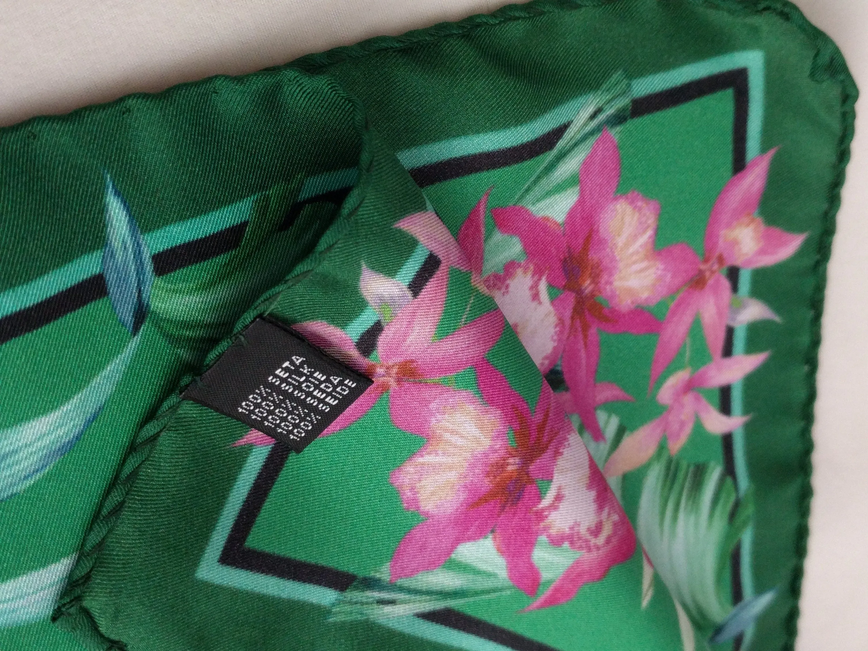Italian Silk Scarf – Small Green Como Silk Scarf, Red & Pink Accents, Made in Italy, 19.5" Square with Rolled Edges