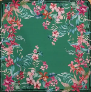 Italian Silk Scarf – Small Green Como Silk Scarf, Red & Pink Accents, Made in Italy, 19.5" Square with Rolled Edges