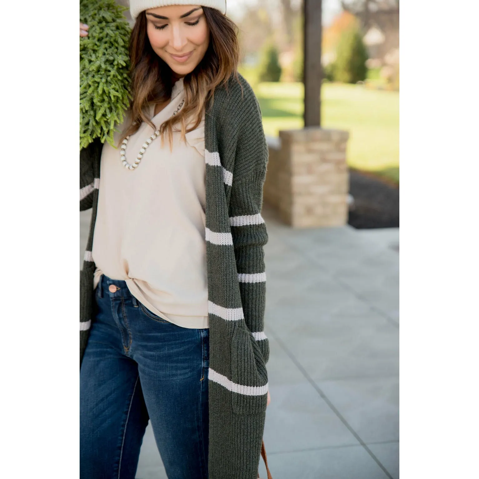 Ivory Striped Rugby Tunic Cardigan