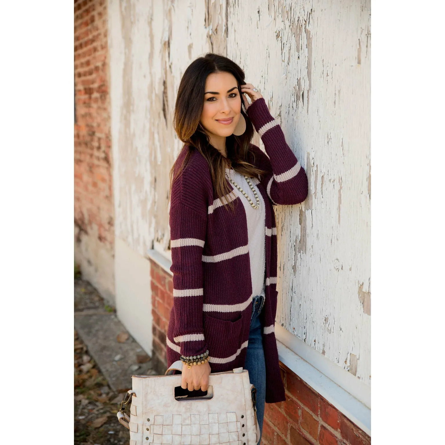 Ivory Striped Rugby Tunic Cardigan