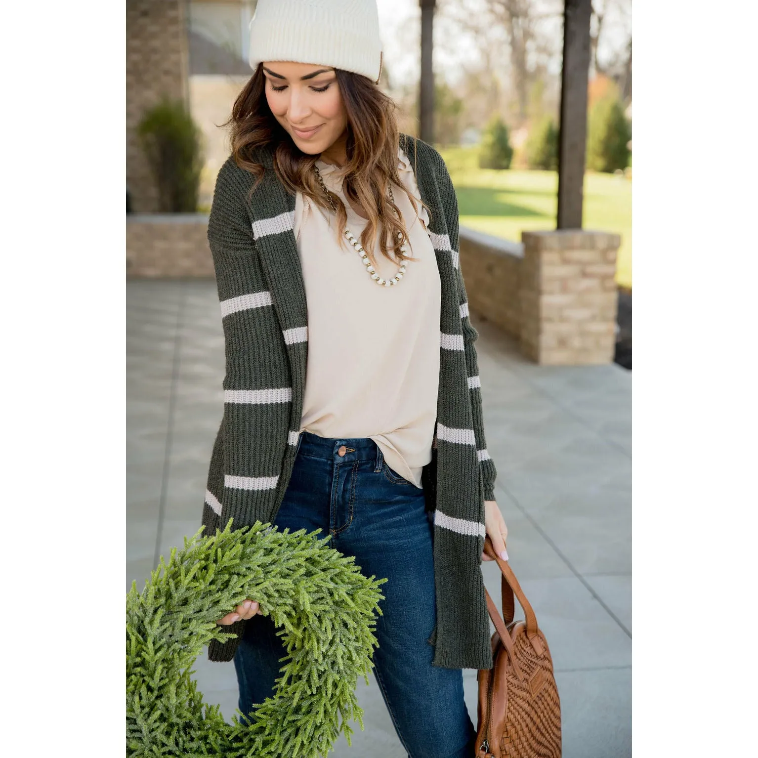 Ivory Striped Rugby Tunic Cardigan