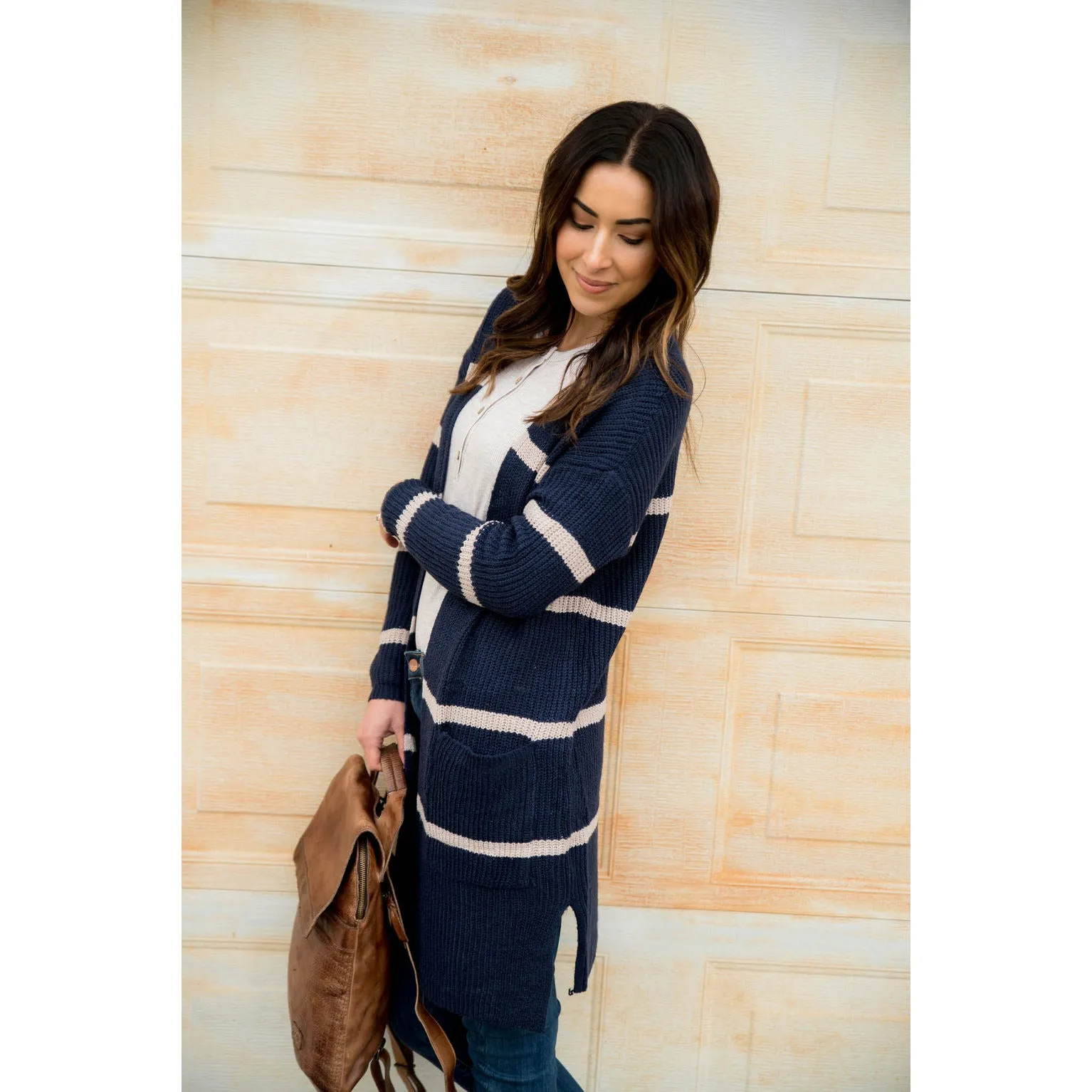 Ivory Striped Rugby Tunic Cardigan