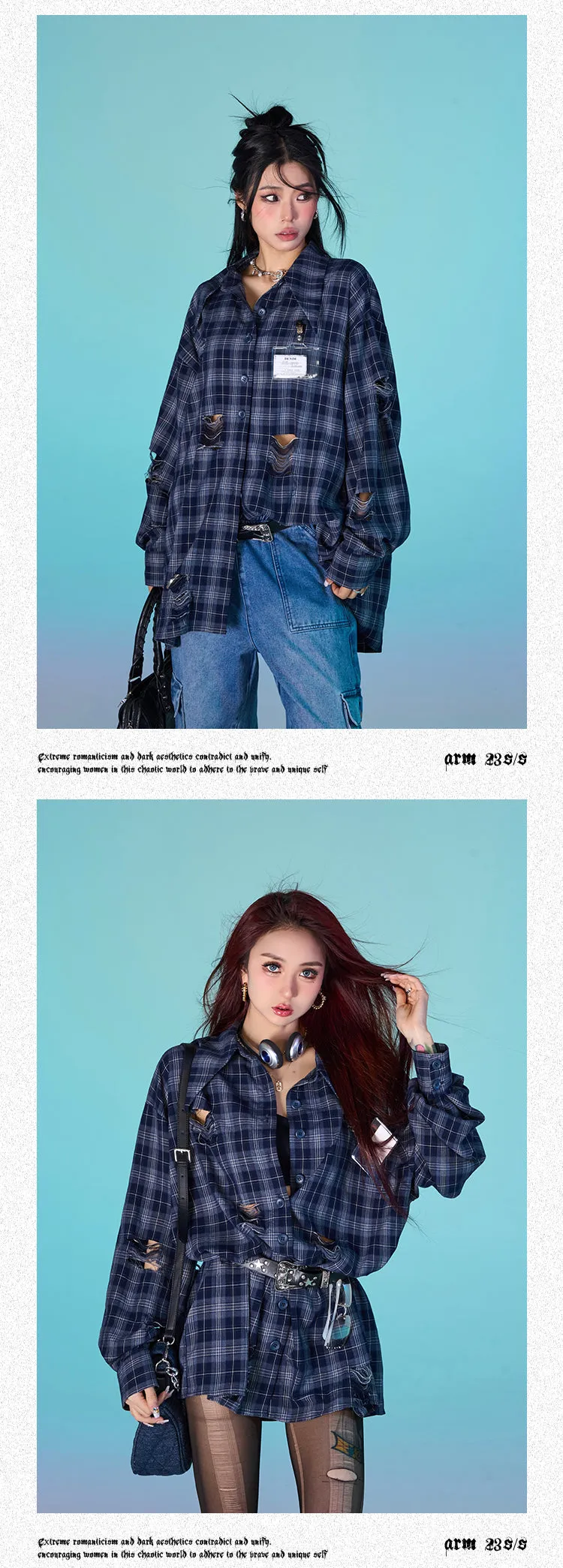 Keebly Blue Plaid Long Sleeve Distressed Boyfriend Button Up Shirt Top