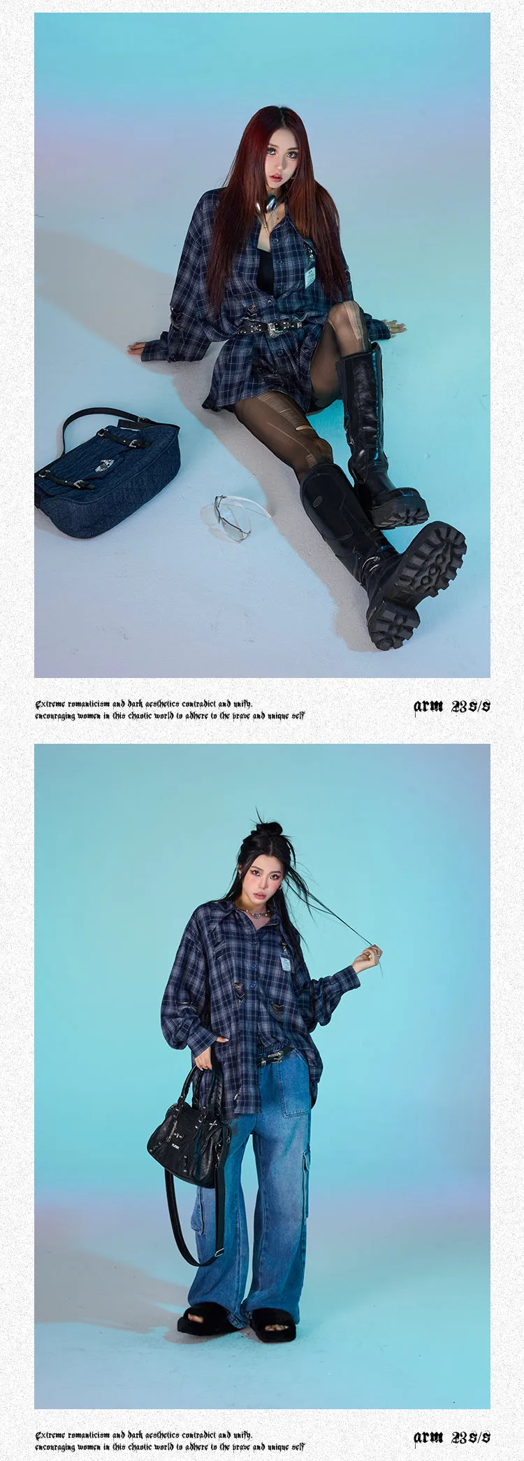 Keebly Blue Plaid Long Sleeve Distressed Boyfriend Button Up Shirt Top