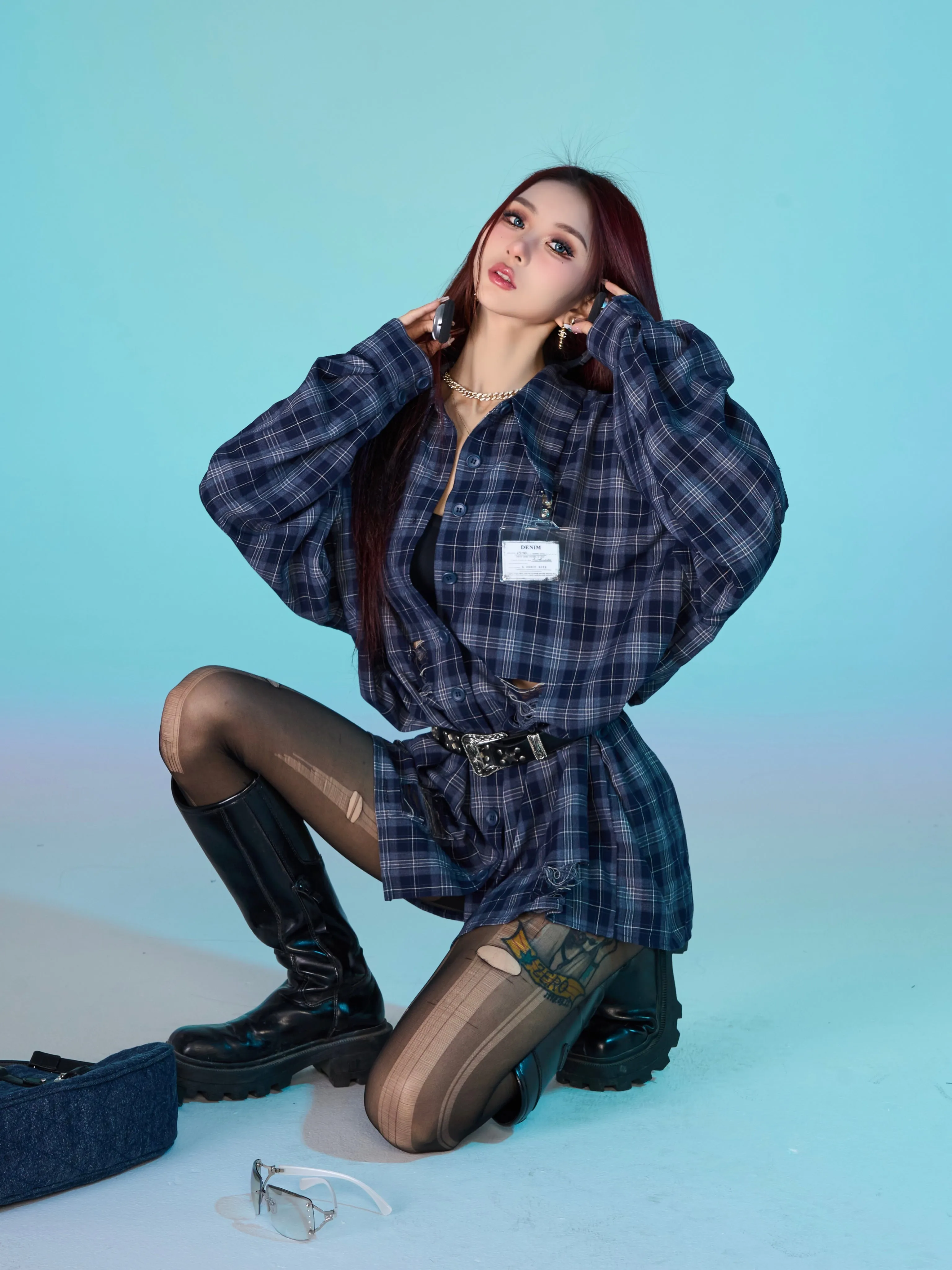 Keebly Blue Plaid Long Sleeve Distressed Boyfriend Button Up Shirt Top