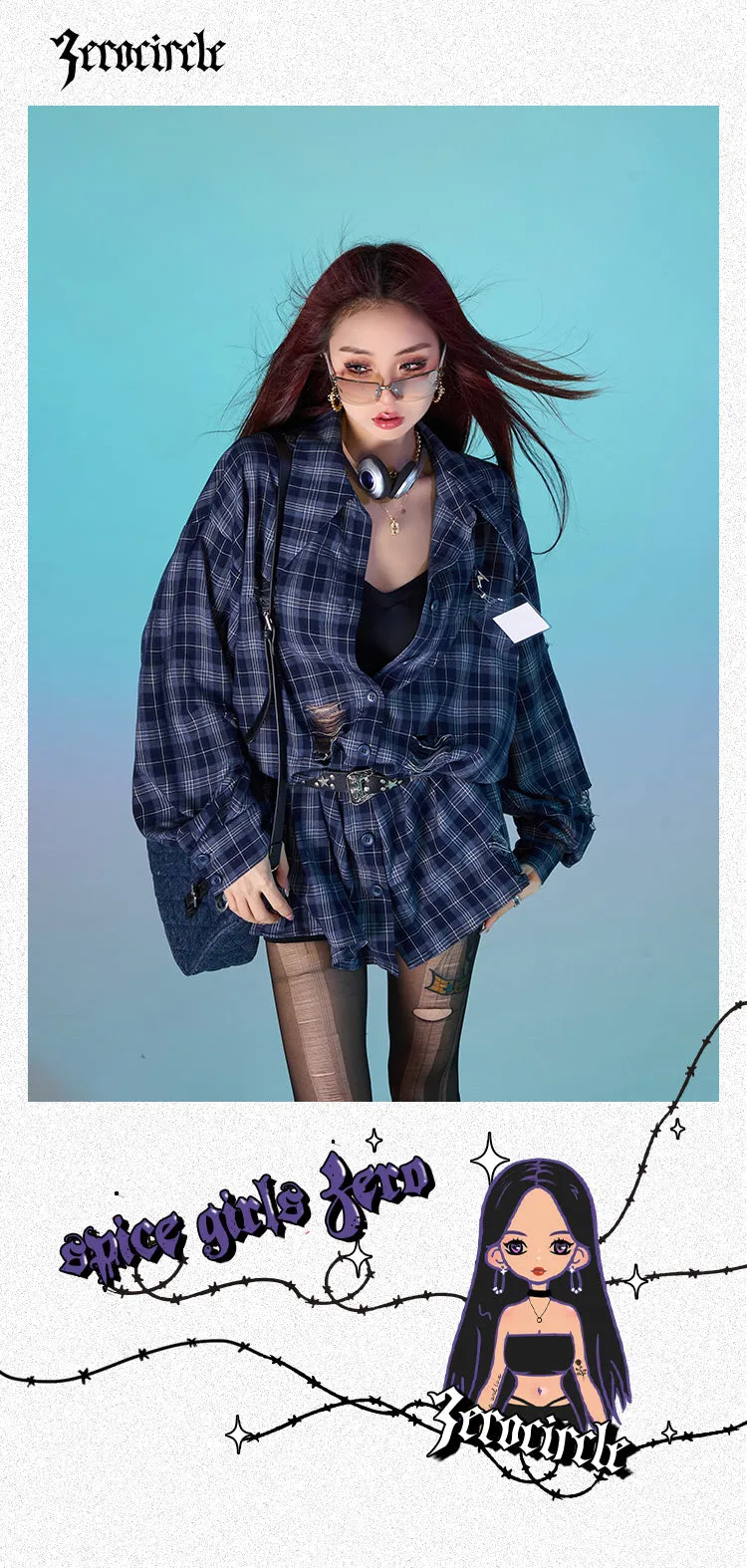Keebly Blue Plaid Long Sleeve Distressed Boyfriend Button Up Shirt Top
