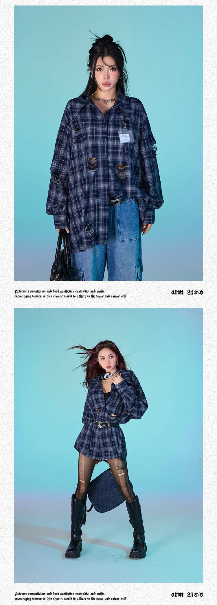 Keebly Blue Plaid Long Sleeve Distressed Boyfriend Button Up Shirt Top