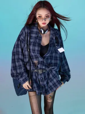 Keebly Blue Plaid Long Sleeve Distressed Boyfriend Button Up Shirt Top