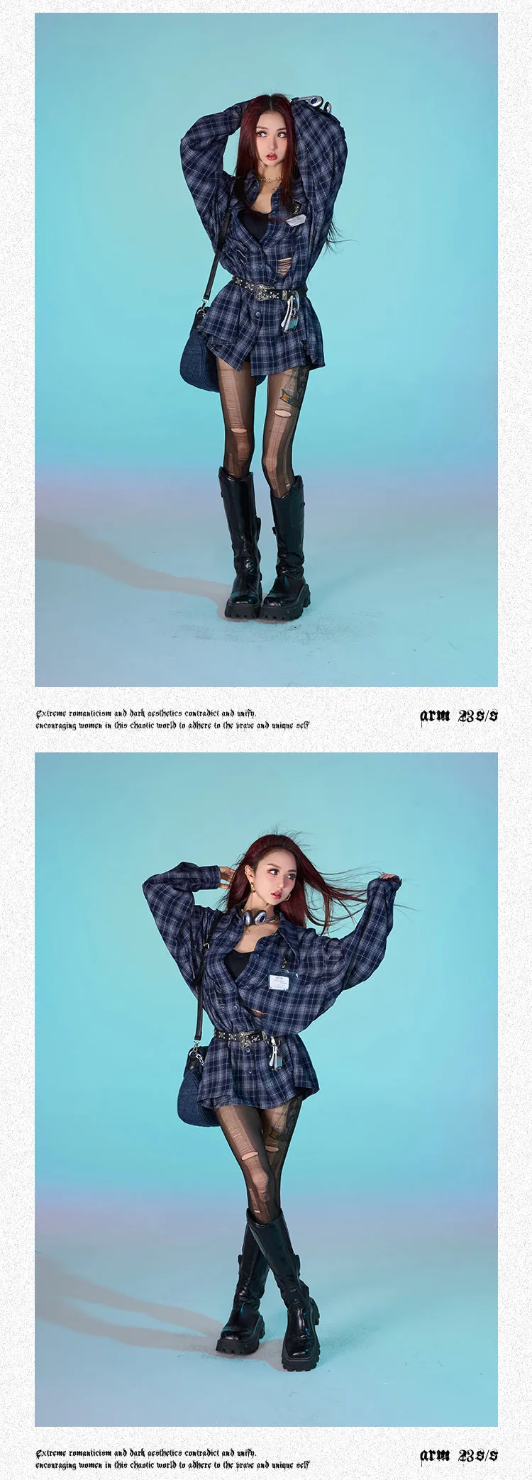 Keebly Blue Plaid Long Sleeve Distressed Boyfriend Button Up Shirt Top