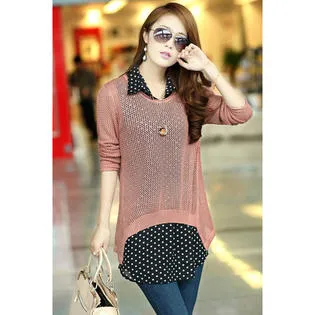 Ketty More Women Polka Dot Shirt With Knitted Cover Up Blouse-KMWSB864