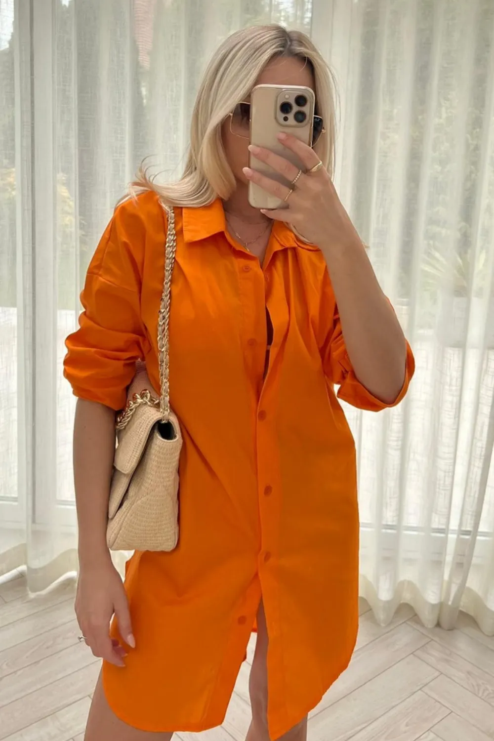 Kimmy orange Button up long sleeve shirt dress