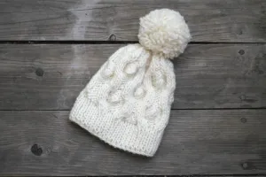 Knit beanie hat in white cream color with pom pom, winter accessories