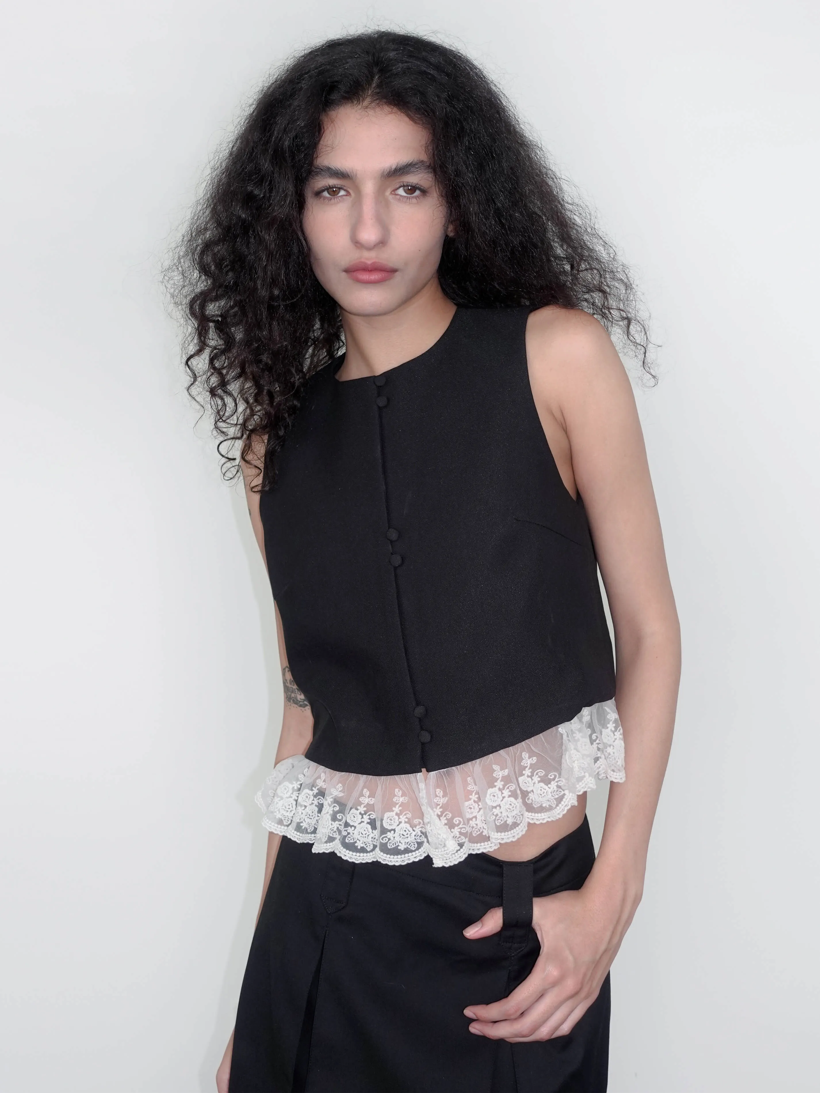Lace Hem Patchwork Black Tank Top