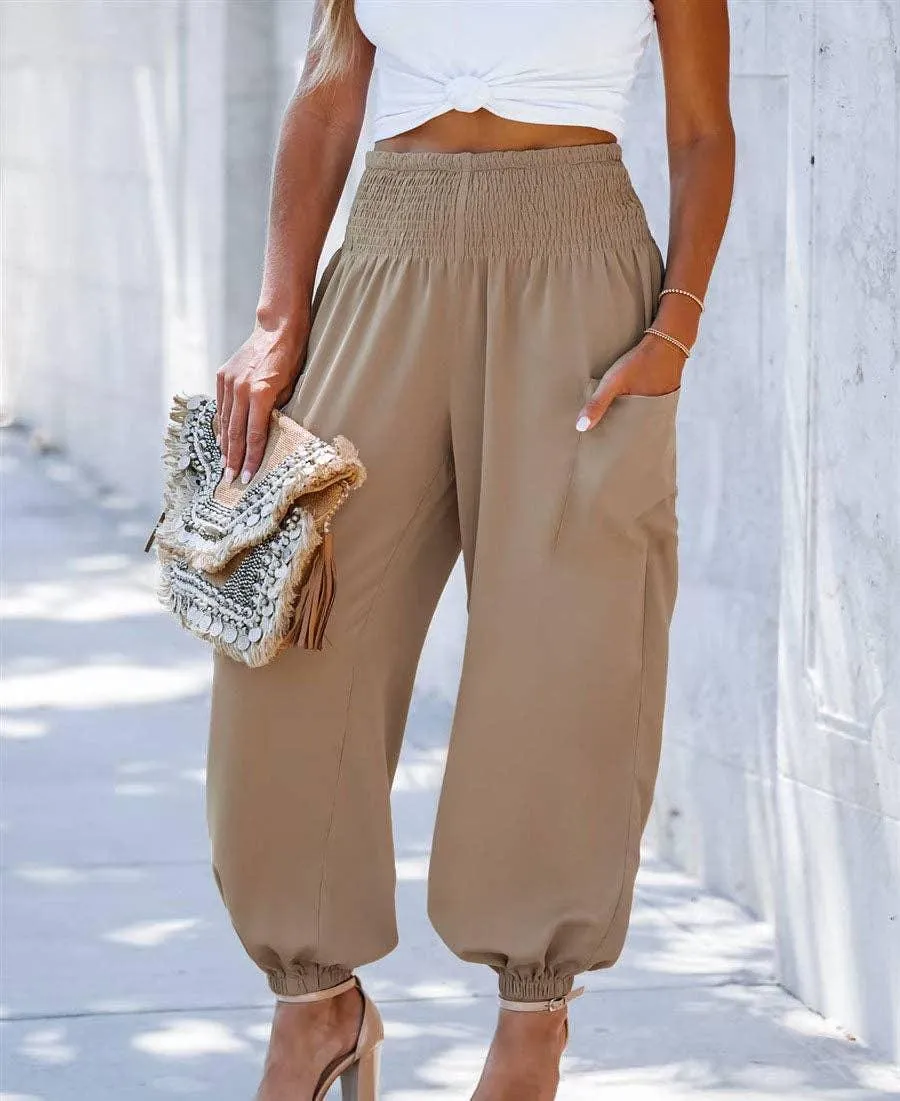 Ladies Solid High Waist Loose Style Pants 1043