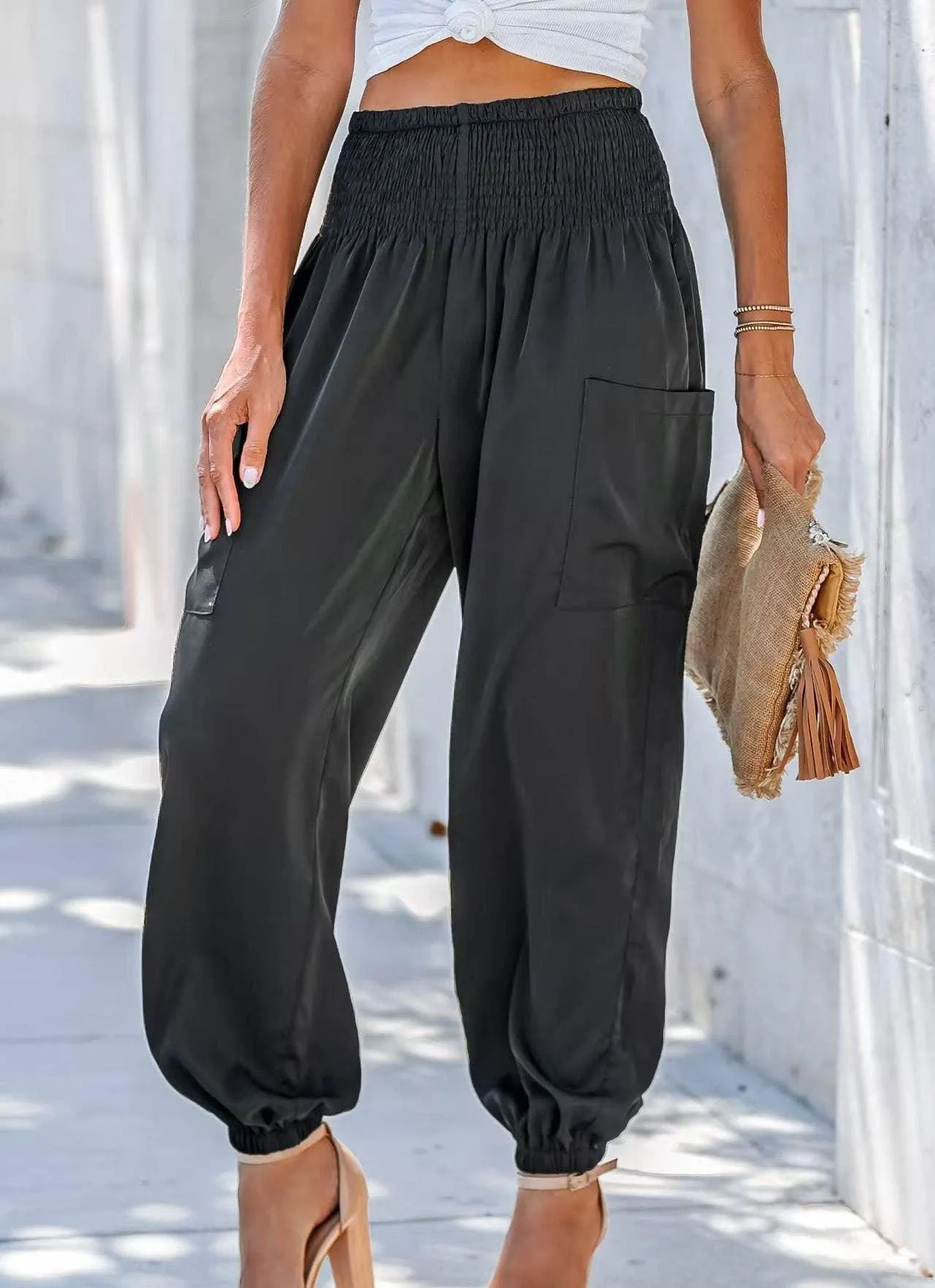 Ladies Solid High Waist Loose Style Pants 1043
