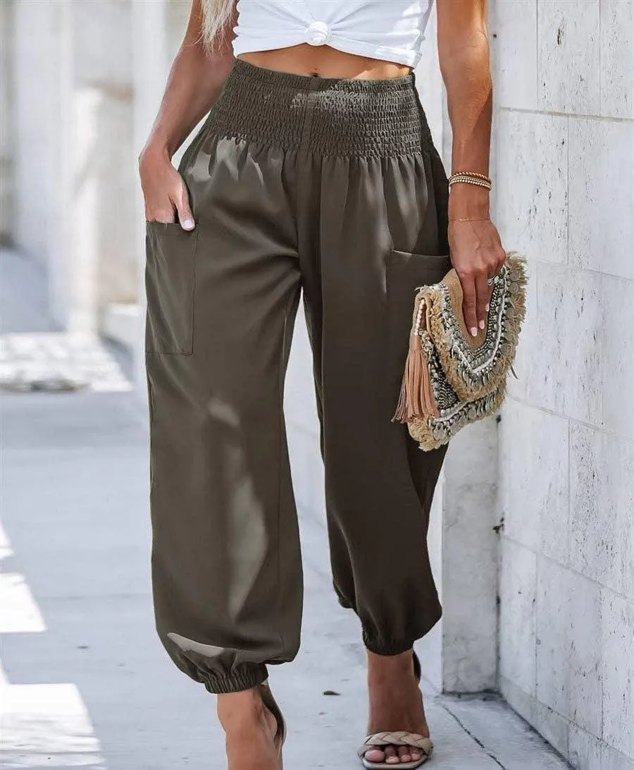 Ladies Solid High Waist Loose Style Pants 1043