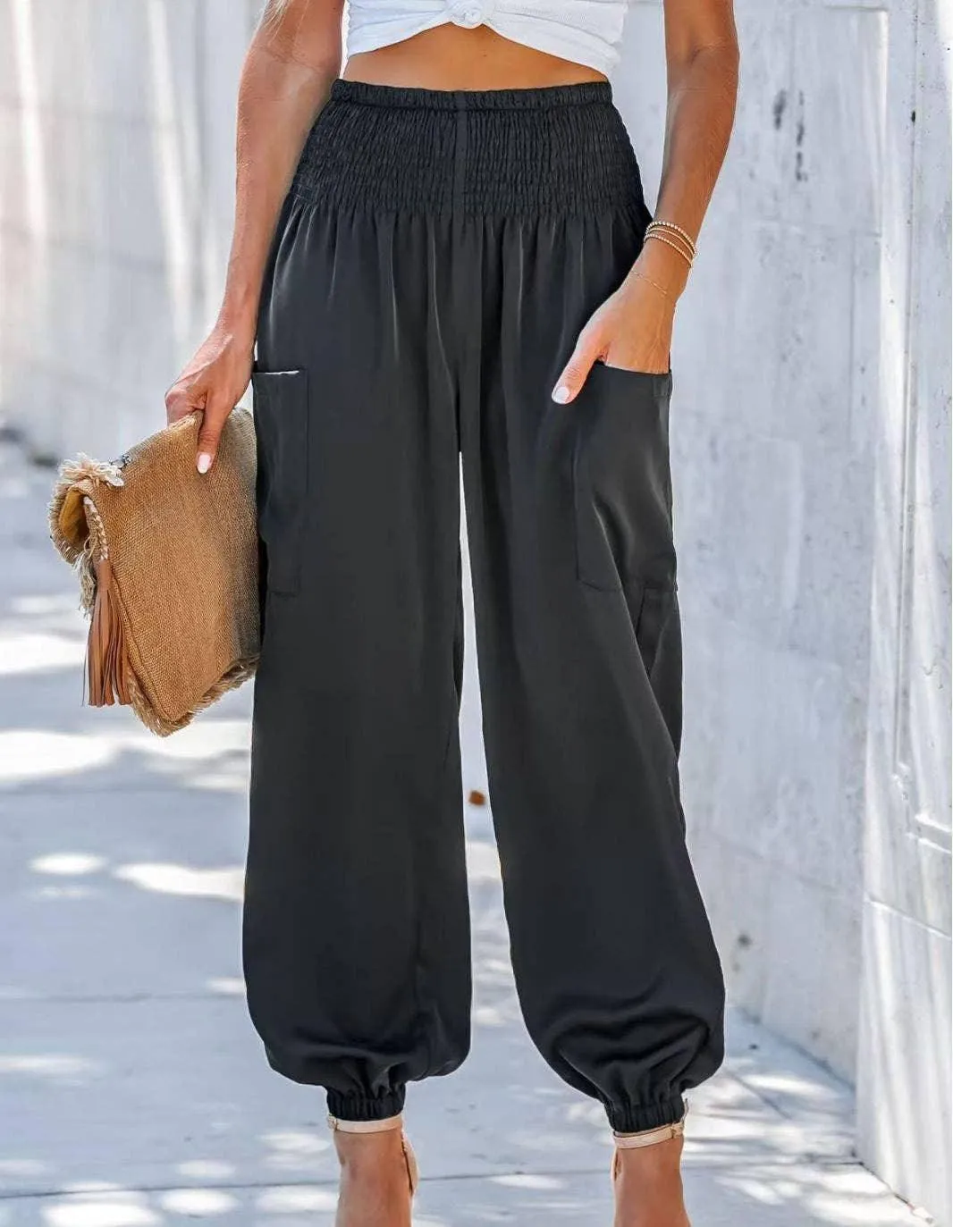 Ladies Solid High Waist Loose Style Pants 1043