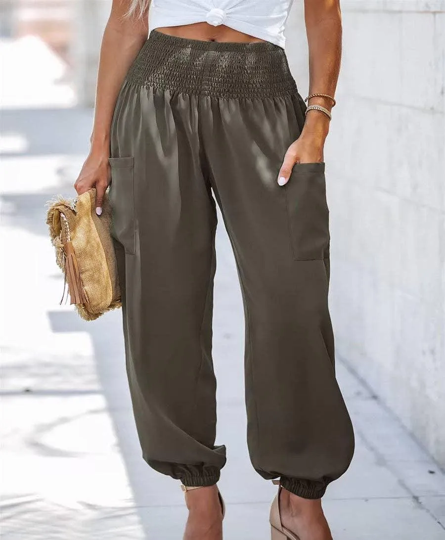 Ladies Solid High Waist Loose Style Pants 1043
