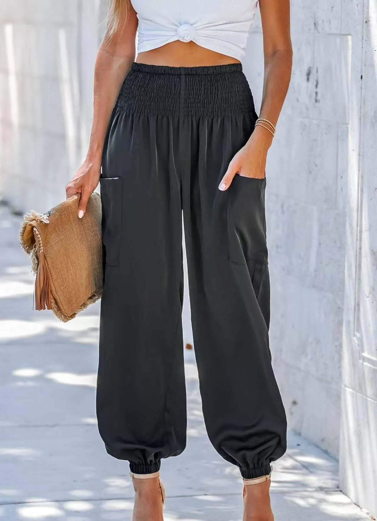 Ladies Solid High Waist Loose Style Pants 1043