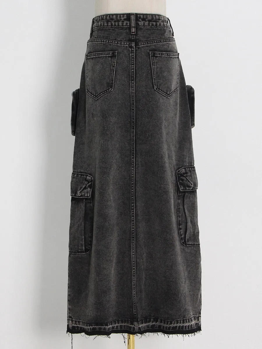 London High Waist Denim Cargo Skirt