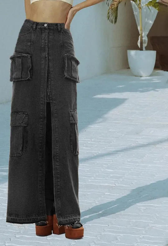 London High Waist Denim Cargo Skirt