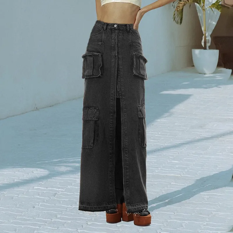 London High Waist Denim Cargo Skirt