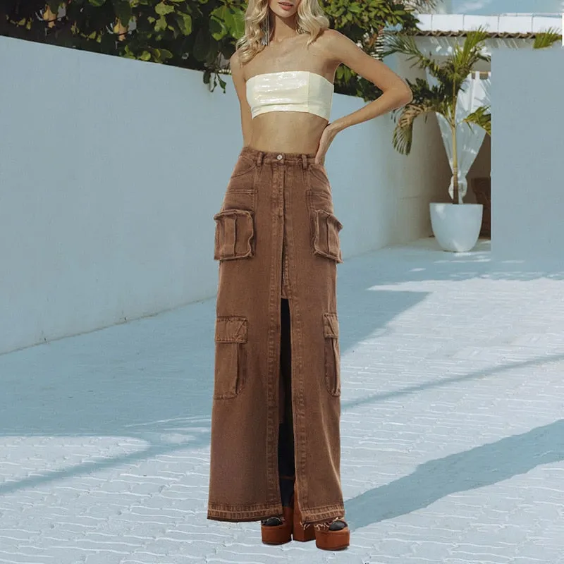 London High Waist Denim Cargo Skirt