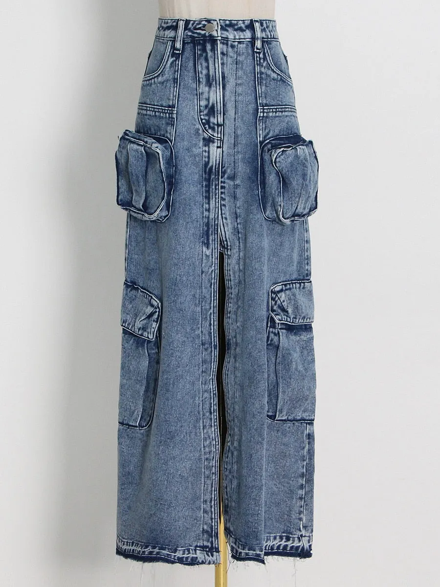 London High Waist Denim Cargo Skirt