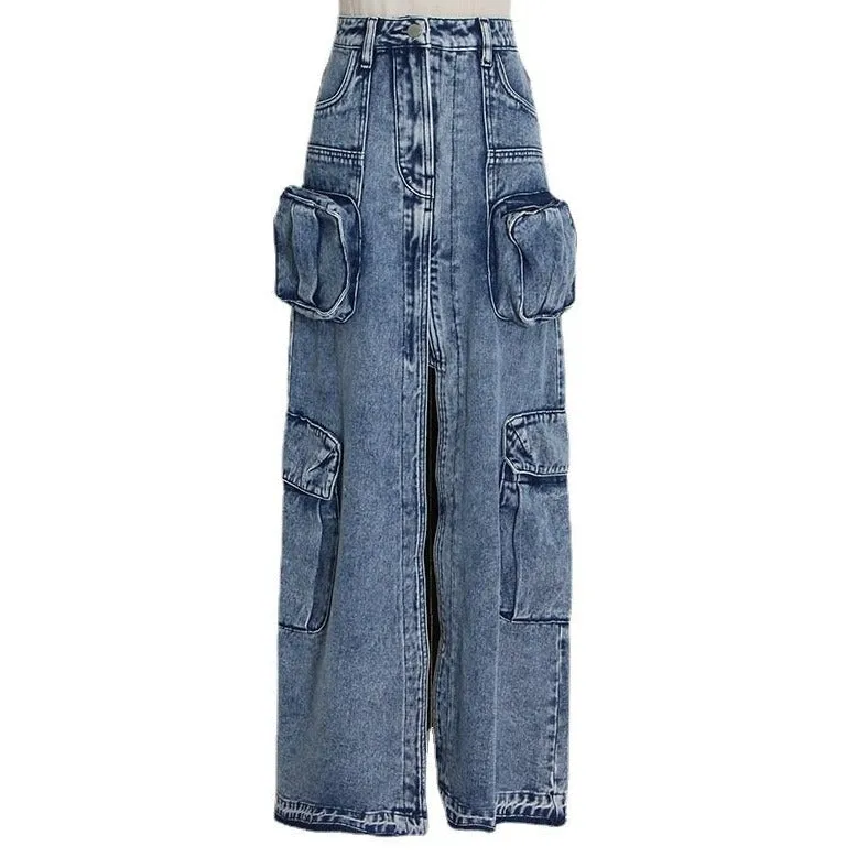 London High Waist Denim Cargo Skirt