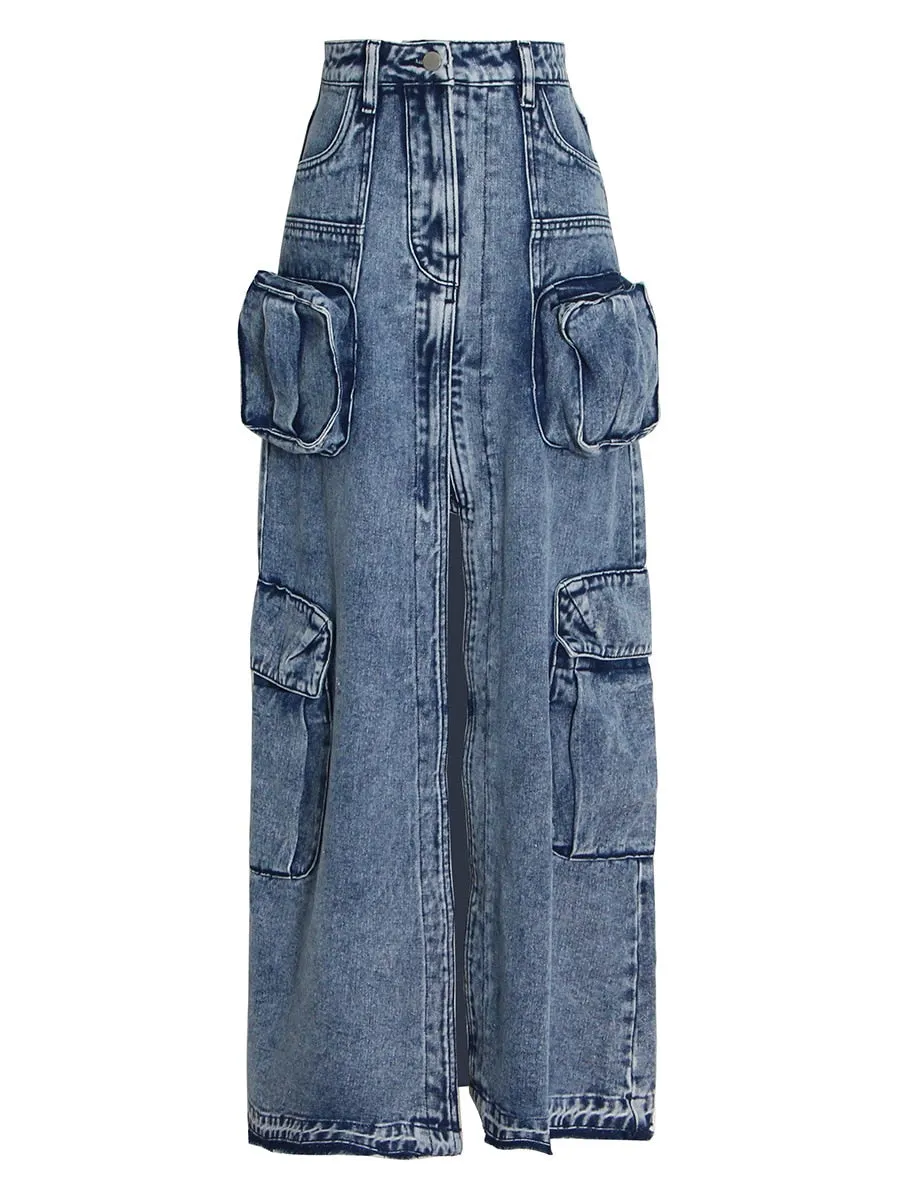London High Waist Denim Cargo Skirt