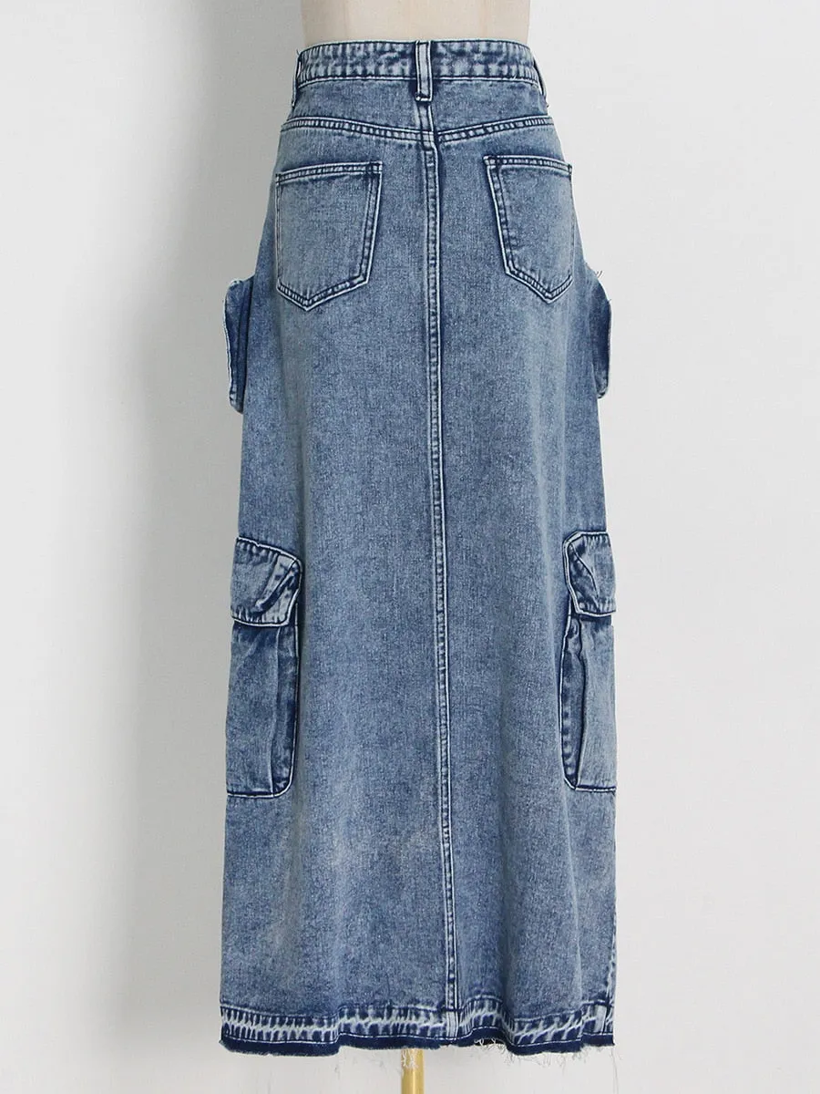 London High Waist Denim Cargo Skirt