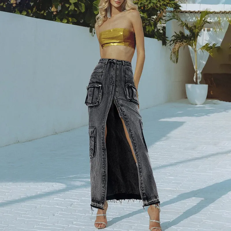 London High Waist Denim Cargo Skirt