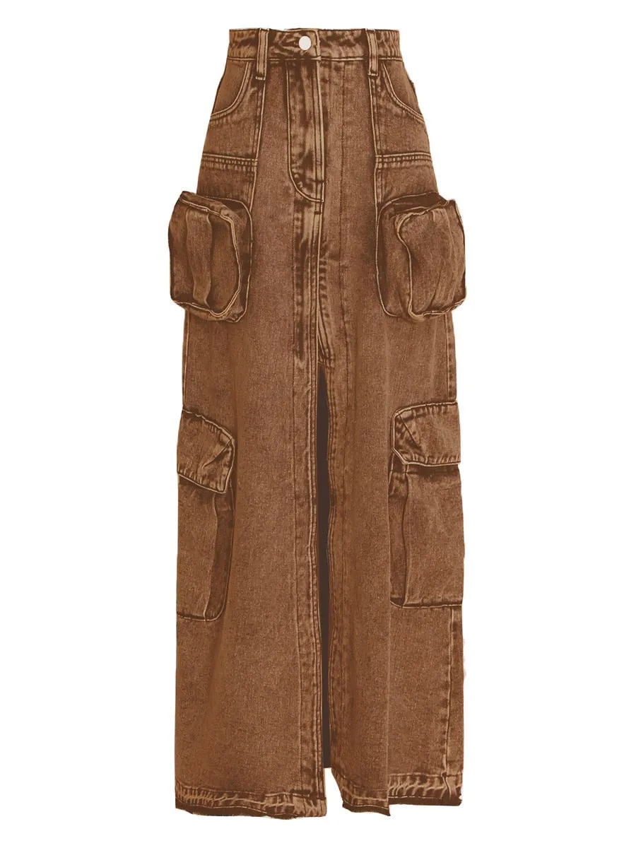 London High Waist Denim Cargo Skirt