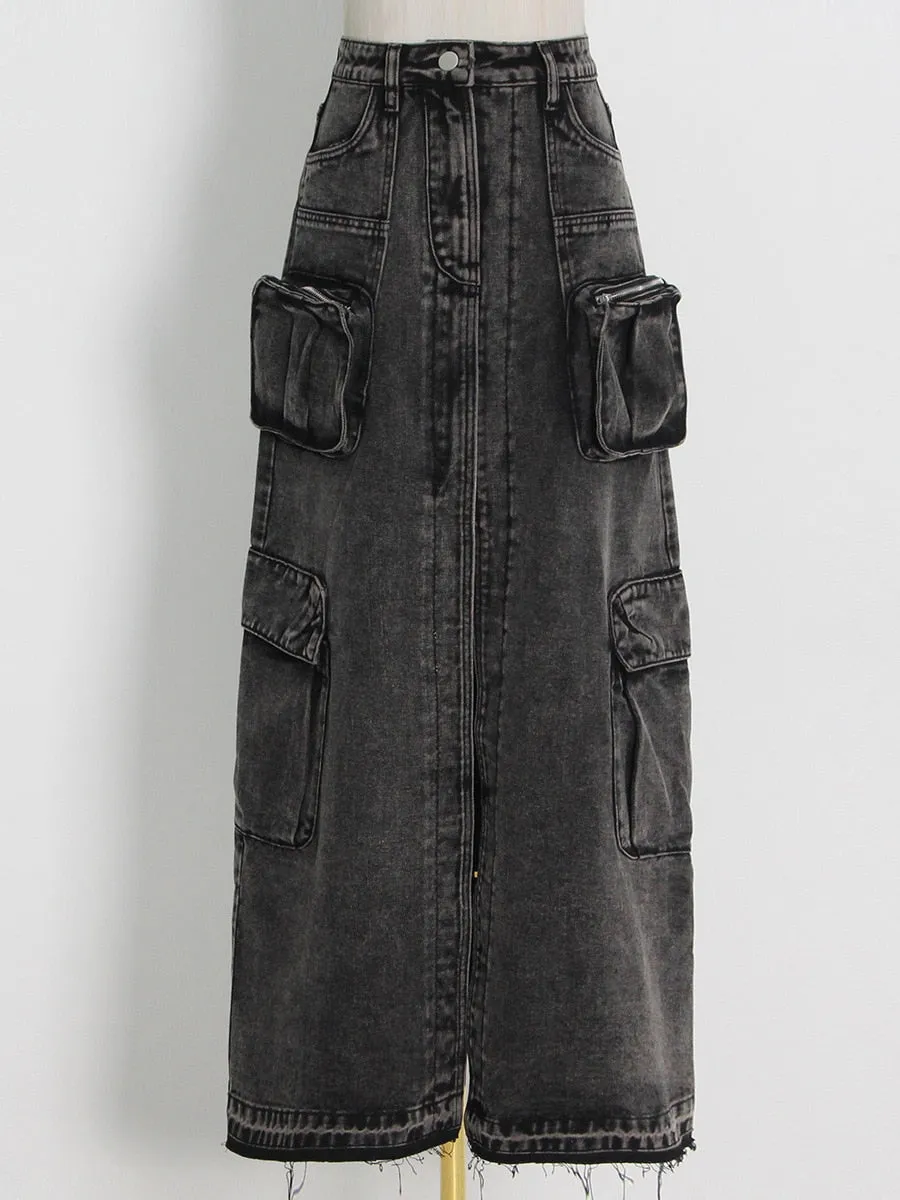 London High Waist Denim Cargo Skirt